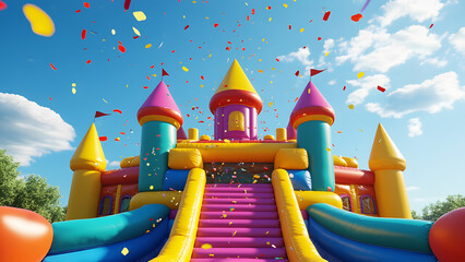 A large inflatable castle with a slide and a tower