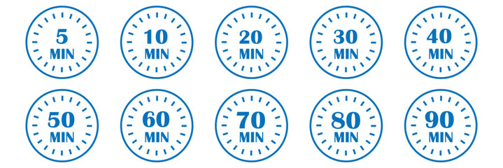 Set of timer Timer, clock, stopwatch isolated set icons. Kitchen timer icon with different minutes. 5, 10, 15, 20, 25, 30, 40, 50, 60, 90, min. Cooking time symbols. Great design for any purposes.  