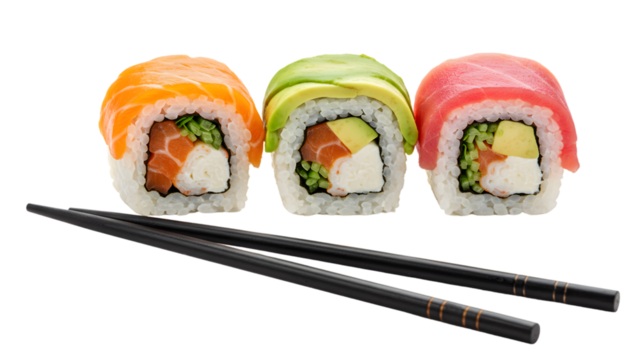 Assorted Sushi Rolls Featuring Salmon, Avocado, Tuna, and Chopsticks