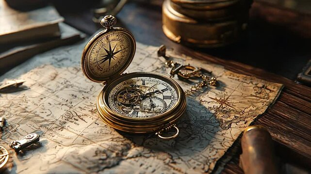 Antique compass and map on wooden desk
