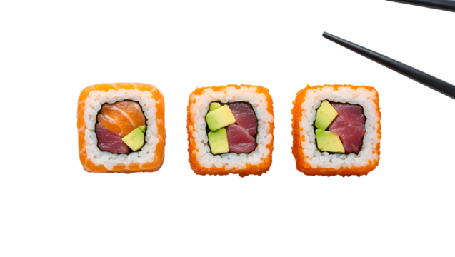 Delicious Sushi Rolls with Fish and Avocado on White Background