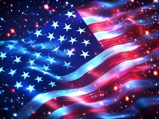 American flag is shown waving with digital effects including glowing particles. Futuristic hologram display of the American flag with vibrant colors and dynamic light effects. 