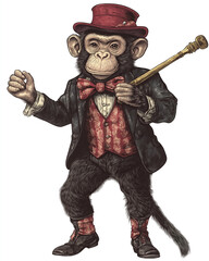 Victorian-style Circus themes illustration full body of monkey show, on a white background, very detailed with vintage colors