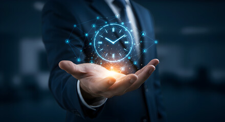 Digital Clock Hologram Projected Over Man Hand in Business Suit on Dark Blue Background
