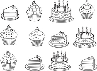 Cute cartoon set of cakes cupcakes and sweets with chocolate cream and fruit in a seamless party pattern