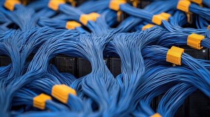 A close-up view of a complex network of blue cables, each secured with orange clips, arranged in a dense and intricate pattern.