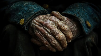 Close-up of weathered, aged hands clasped together.  Detailed view of deep wrinkles, dark tones, and rich texture