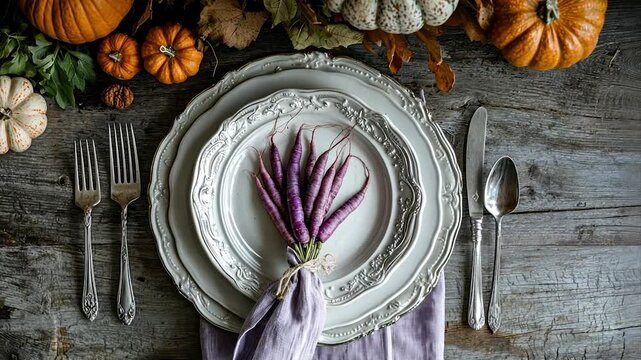 Autumnal table setting with purple carrots, pumpkins, and fall leaves