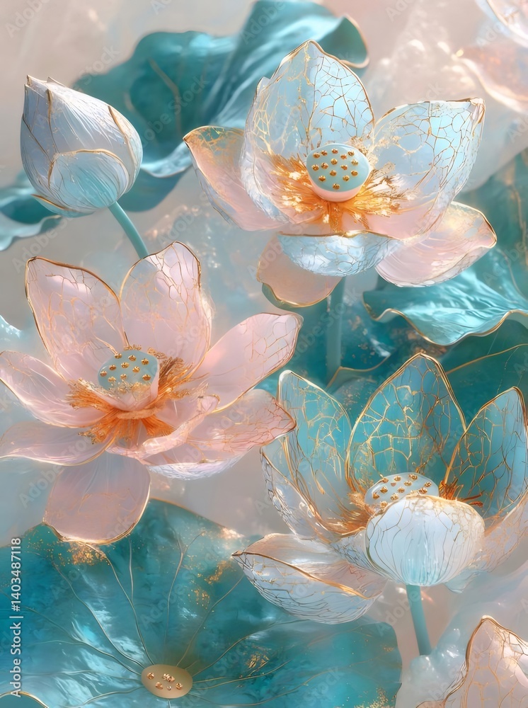 Poster 淡いピンクとターコイズブルーの蓮の花のクローズアップ 輝く背景に金色のアート装飾 春の静寂とエレガンス