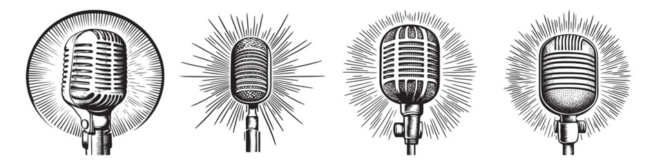 Vintage Microphone Illustrations with Radiant Sound Waves Motif, logo design, engraving design, vector illustration