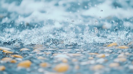A close-up view of a body of water with small rocks and bubbles.
