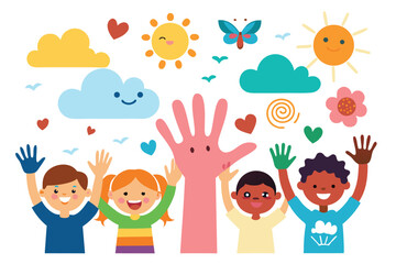 Cheerful Diverse Kids Waving Hands with Sun, Clouds and Hearts on White Background