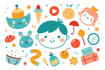 Cheerful Flat Cartoon Playful Design with Orange, Blue and Red Elements on White