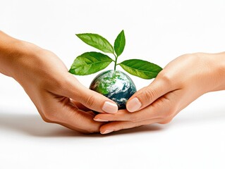 Protecting our planet.  Hands holding a miniature earth with a small sprout
