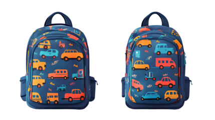 Two images of a blue school backpack with a colorful vehicle pattern on a transparent background PNG