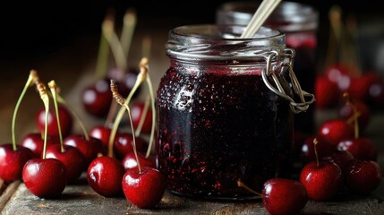 Delicious homemade cherry jam displayed in jars placed on a wooden surface with fresh cherries around, perfectly capturing the rustic charm and sweetness of the fruit.