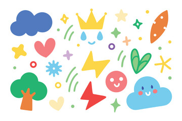 Cheerful Whimsical Icons Collection, Smiling Cloud, Crown, Leaf, Heart on White Background