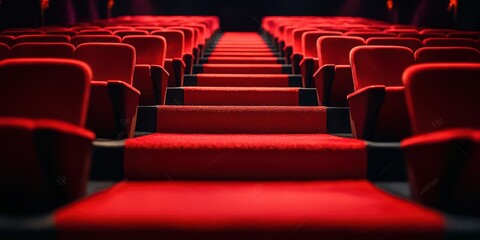 Rows of plush red seats leading to the stage in a dimly lit theater before a performance starts
