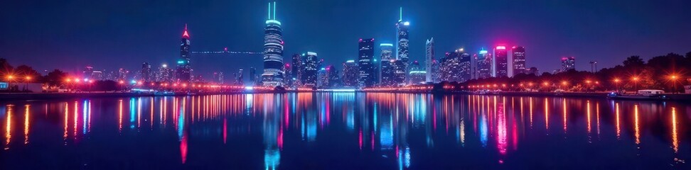 Fototapeta premium Vibrant neon cityscape reflected in still water at night , city, lake
