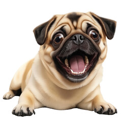 Playful pug dog with its mouth open capturing a joyful expression and charming personality in a fun setting isolated on a white background.