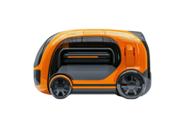 Futuristic orange electric vehicle design sleek lines black accents isolated on black background