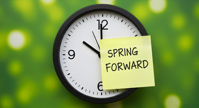 Analogue Clock on Wall with Reminder Note for Spring Forward in Daylight Saving Time