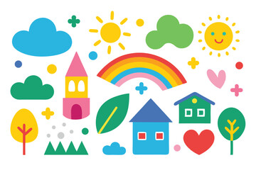 Colorful Flat Design Elements of Nature, House, Rainbow, Castle on White Background