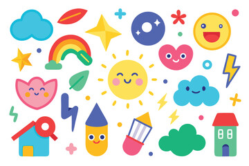 Colorful Flat Design Icons Featuring Sun, Rainbow, Clouds, Heart and House Shapes