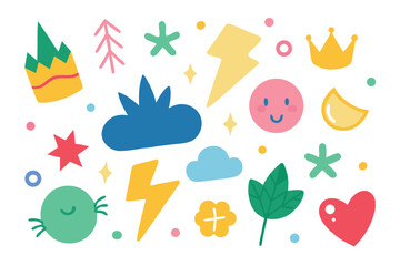 Colorful Playful of Crown, Star, Cloud, Heart, Lightning on White