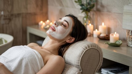 Naklejka premium Woman enjoying a facial mask in a serene spa setting, embodying relaxation and luxury. 
