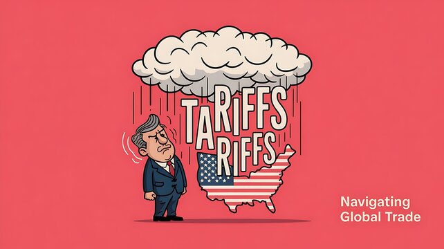 A cartoon depicting the impact of tariffs on the US economy, showcasing a gloomy businessman under a rain of tariffs.