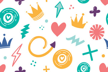 Fototapeta premium Colorful Seamless Pattern with Crowns, Hearts, Circles and Arrows on White Backdrop