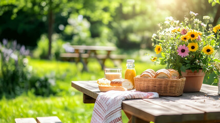 Idyllic outdoor breakfast scene on rustic picnic table in a vibrant garden