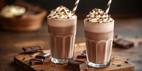 Delicious chocolate milkshakes topped with whipped cream and chocolate shavings in a cozy cafe setting