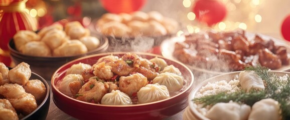 Fototapeta premium Steaming dumplings, festive food, holiday celebration