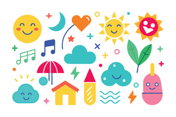 Colorful Weather Icons on White Background with Sun, Cloud, Moon, Heart and More