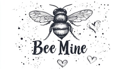 Illustrated bee with romantic hearts and 'bee mine' text