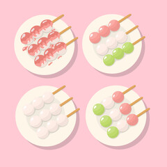 Traditional Japanese dessert Dango. Hanami Dango dessert on a plate. Design element for banner, poster, restaurant menu. Vector illustration set isolated on plate 
