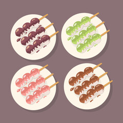 Traditional Japanese dessert Dango with different flavor topping. Hanami Dango dessert on a plate. Design element for banner, poster, restaurant menu. Vector illustration