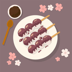 Traditional Japanese dessert Dango with red beans topping. Hanami Dango dessert on a plate. Design element for banner, poster, restaurant menu. Vector illustration