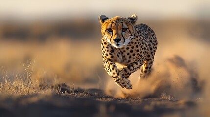 Obraz premium Cheetah sprinting across savanna at sunset