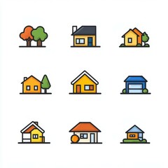 Colorful house illustrations showcasing various architectural styles and designs with trees enhancing the environment