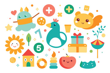 Obraz premium Cute Flat Design with Bird Toy, Numbers, Apple, Present and House on White Background