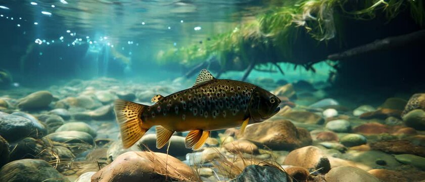 Trout swims underwater in mountain river, wild fish in freshwater of stream. Concept of salmon, wildlife, under water, nature.