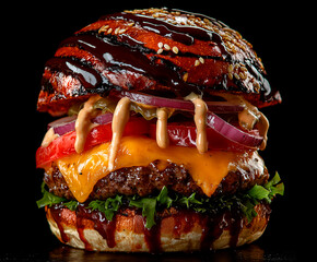 photo of big juicy burger with cheese, bepon, big beef patty, onion, tomato, sauce. Black background