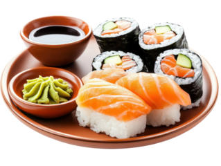 Delicious sushi plate with teaspoon of soy sauce and fresh ingredients ready to enjoy for a culinary experience isolated on a white background.