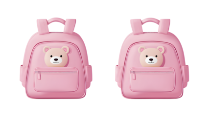 Pink school bag icon teddy bear face on the front pocket transparent background PNG