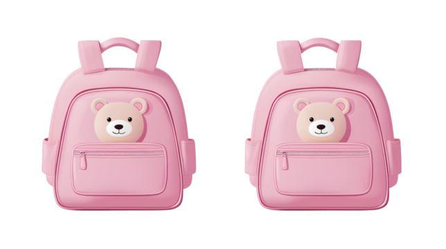  Pink school bag icon teddy bear face on the front pocket transparent background PNG