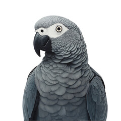 Obraz premium Striking Portrait of a Gray Parrot with Detailed Feather Texture on white background