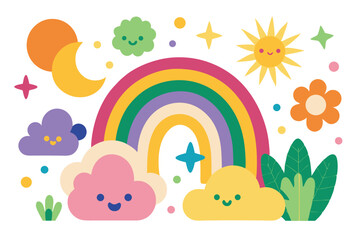 Fototapeta premium Flat Design Rainbow Cartoon Sky Elements Smiling Sun, Moon, Star, Cloud, Plants